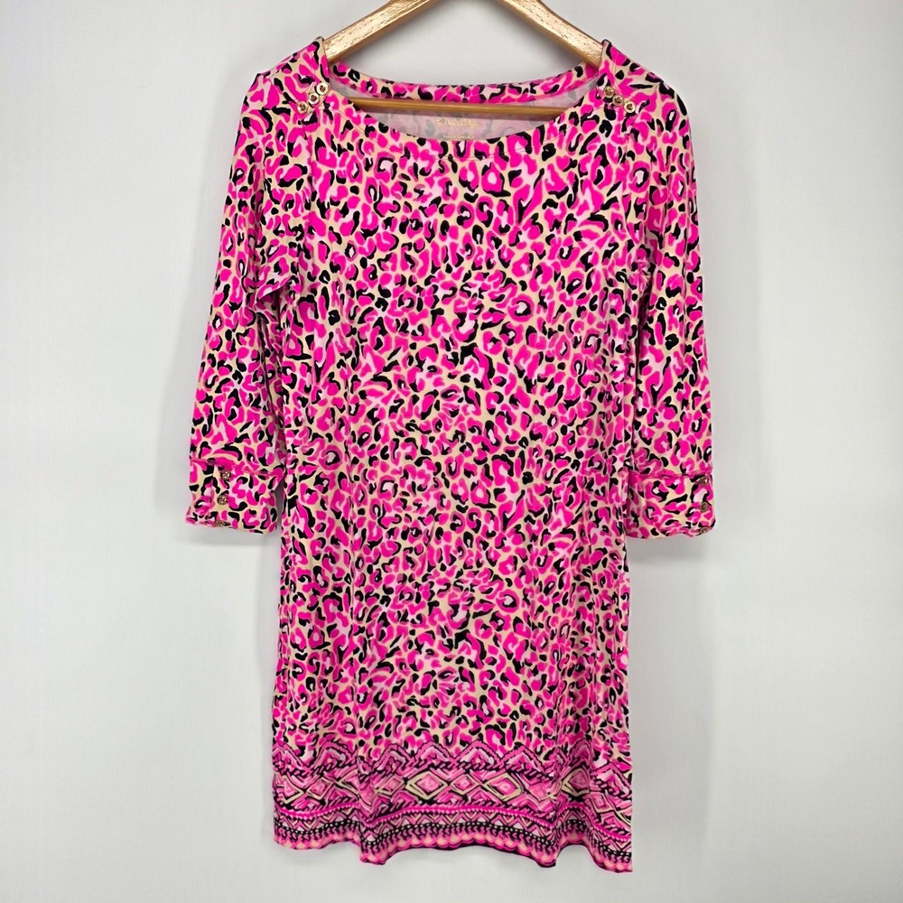 Lilly Pulitzer Dress Womens S Pink Leopard Print 3/4 Sleeve Gold Button Shift